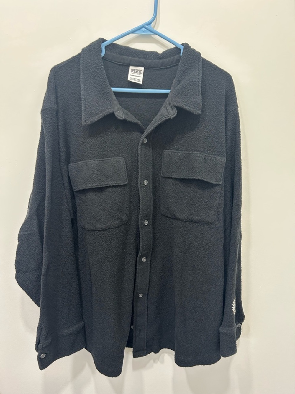 Pink Victoria’s Secret Shacket Women’s XXL Black Fleece Button Up Shirt Oversize